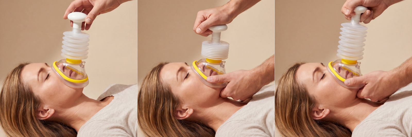 Three-step demonstration of the Within Reach choking rescue device — place, push, pull